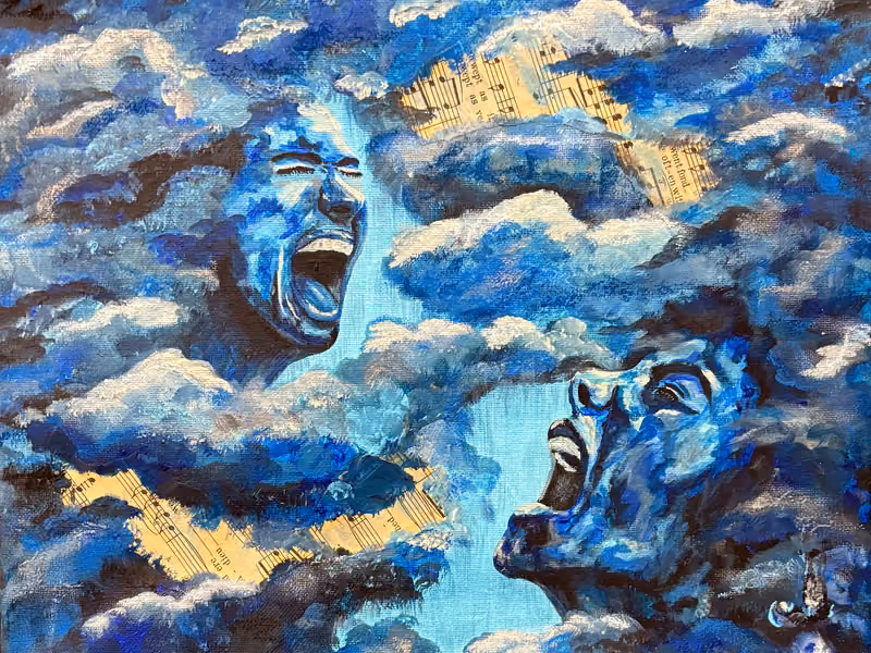 A painting of two faces screaming with closed eyes, among thick, dark clouds. Sheet music is visible peeking between the clouds.